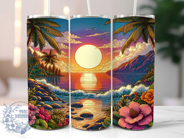 Beach Sunset Ocean Tropical Vibes Tumbler, Sunset Tumbler, Ocean Tumbler, Tropical Tumbler, Summer Vibes Tumbler, 20oz Sublimation Wrap, Coastal Tumbler Sublimation ToriDesigns 