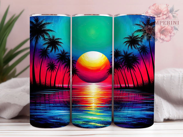 Beach Sunset Palm Silhouette 20oz Tumbler Wrap, Palm Tree Silhouette, Gradient Sky, Tropical Illustration, Single Canvas, 20oz Tumbler Wrap, Sublimation PNG Sublimation Li Zamperini 