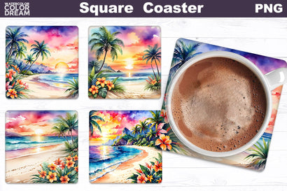Beach Sunset Square Coaster | Summer Beach Square Coaster Sublimation WatercolorColorDream 
