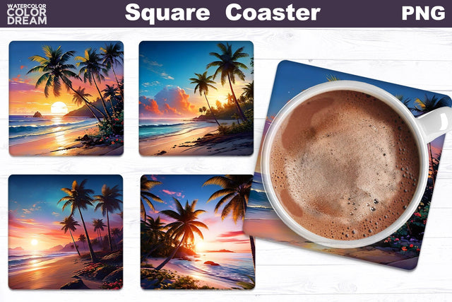 Beach Sunset Square Coaster | Summer Beach Square Coaster Sublimation WatercolorColorDream 