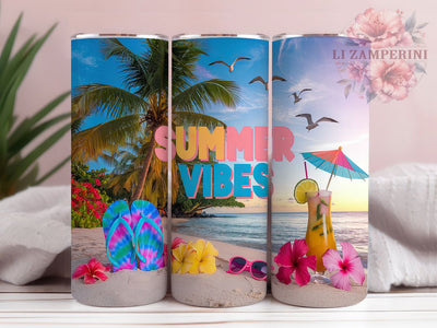 Beach Sunset Summer Vibes Tumbler, Beach Sunset Tumbler Wrap, 20oz Sublimation Tumbler, Flip Flops Ocean Tumbler, Tropical Vacation Tumbler, Sunglasses Beach Design Sublimation Li Zamperini 