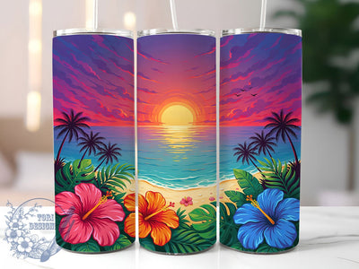 Beach Sunset Tropical 20oz Tumbler, Ocean Scene, Tropical Vibes, Painterly Style, Sunset Design, Skinny Tumbler, Sublimation PNG Sublimation ToriDesigns 