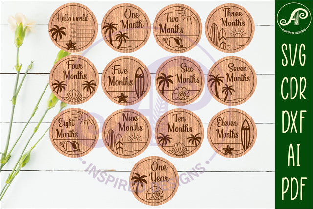 Beach, surfer themed Baby monthly milestone discs SVG SVG APInspireddesigns 
