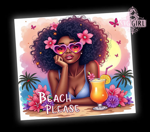 Beach Tumbler, Black Girl Summer, 20oz PNG, Tropical Design, Sublimation Art, Digital Download, Fun Drinkware Sublimation SvggirlplusArt 