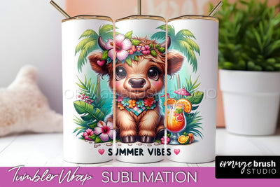 Beach Tumbler Wrap - Highland Cow Summer Tumbler Sublimation Sublimation OrangeBrushStudio 