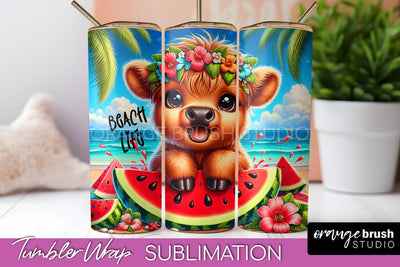 Beach Tumbler Wrap - Highland Cow Summer Tumbler Sublimation Sublimation OrangeBrushStudio 