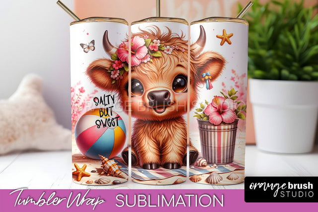 Beach Tumbler Wrap - Highland Cow Summer Tumbler Sublimation Sublimation OrangeBrushStudio 