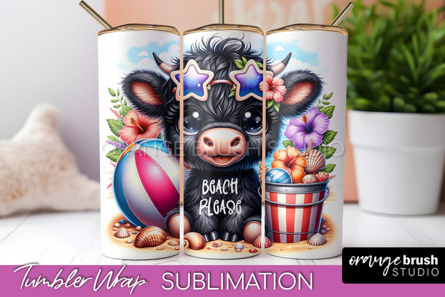 Beach Tumbler Wrap - Highland Cow Summer Tumbler Sublimation Sublimation OrangeBrushStudio 