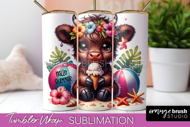 Beach Tumbler Wrap - Highland Cow Summer Tumbler Sublimation Sublimation OrangeBrushStudio 