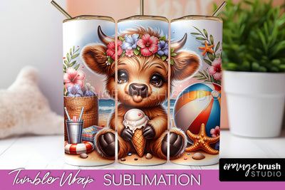 Beach Tumbler Wrap - Highland Cow Summer Tumbler Sublimation Sublimation OrangeBrushStudio 