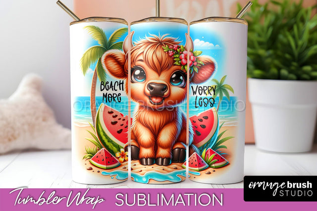 Beach Tumbler Wrap - Highland Cow Summer Tumbler Sublimation Sublimation OrangeBrushStudio 