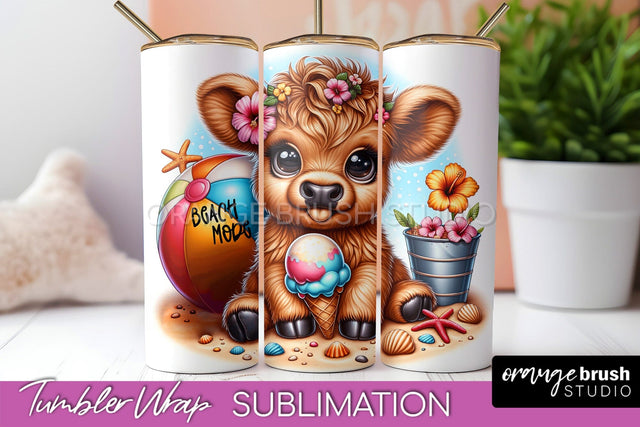 Beach Tumbler Wrap - Highland Cow Summer Tumbler Sublimation Sublimation OrangeBrushStudio 