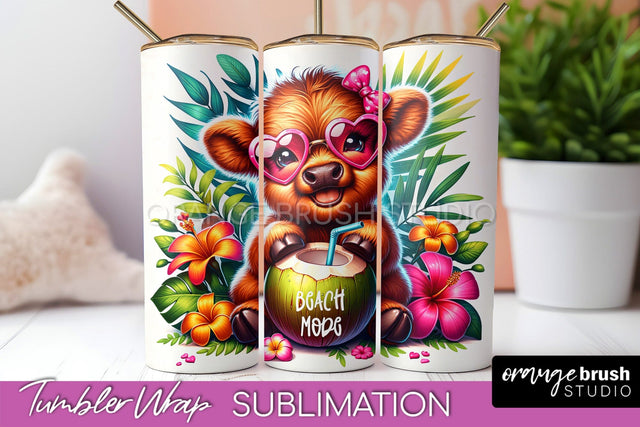 Beach Tumbler Wrap - Highland Cow Summer Tumbler Sublimation Sublimation OrangeBrushStudio 