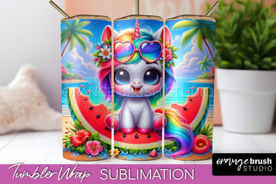 Beach Tumbler Wrap - Unicorn Summer Tumbler Sublimation Sublimation OrangeBrushStudio 