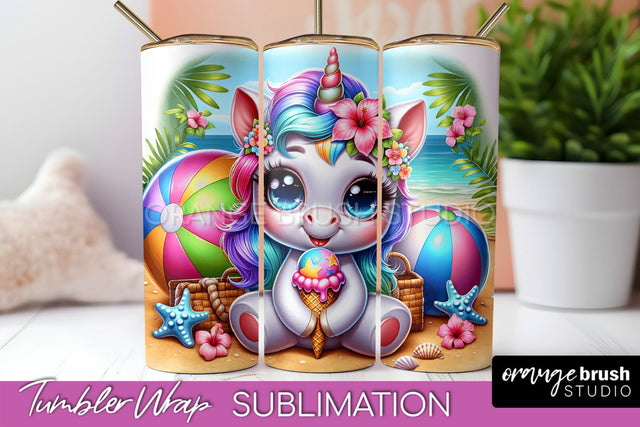 Beach Tumbler Wrap - Unicorn Summer Tumbler Sublimation Sublimation OrangeBrushStudio 