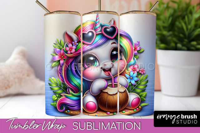 Beach Tumbler Wrap - Unicorn Summer Tumbler Sublimation Sublimation OrangeBrushStudio 