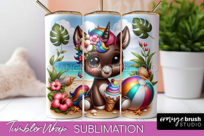 Beach Tumbler Wrap - Unicorn Summer Tumbler Sublimation Sublimation OrangeBrushStudio 