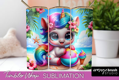 Beach Tumbler Wrap - Unicorn Summer Tumbler Sublimation Sublimation OrangeBrushStudio 