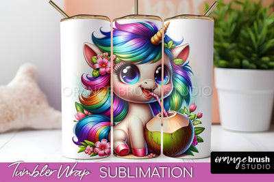 Beach Tumbler Wrap - Unicorn Summer Tumbler Sublimation Sublimation OrangeBrushStudio 