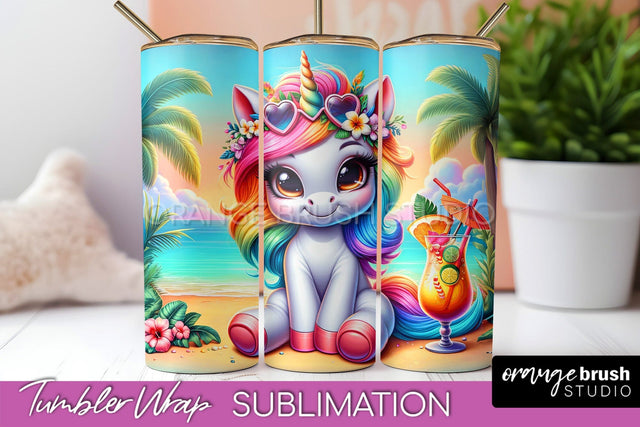 Beach Tumbler Wrap - Unicorn Summer Tumbler Sublimation Sublimation OrangeBrushStudio 