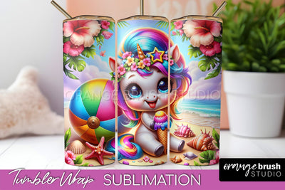 Beach Tumbler Wrap - Unicorn Summer Tumbler Sublimation Sublimation OrangeBrushStudio 