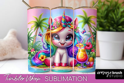 Beach Tumbler Wrap - Unicorn Summer Tumbler Sublimation Sublimation OrangeBrushStudio 