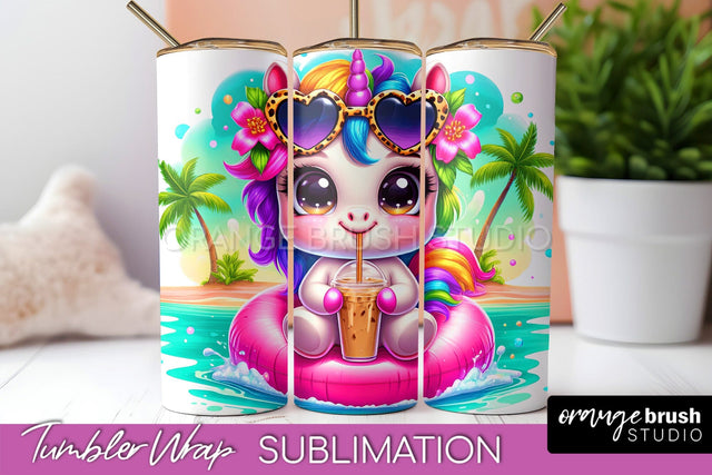 Beach Tumbler Wrap - Unicorn Summer Tumbler Sublimation Sublimation OrangeBrushStudio 