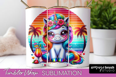 Beach Tumbler Wrap - Unicorn Summer Tumbler Sublimation Sublimation OrangeBrushStudio 