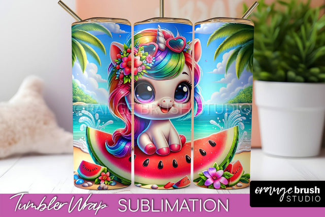 Beach Tumbler Wrap - Unicorn Summer Tumbler Sublimation Sublimation OrangeBrushStudio 