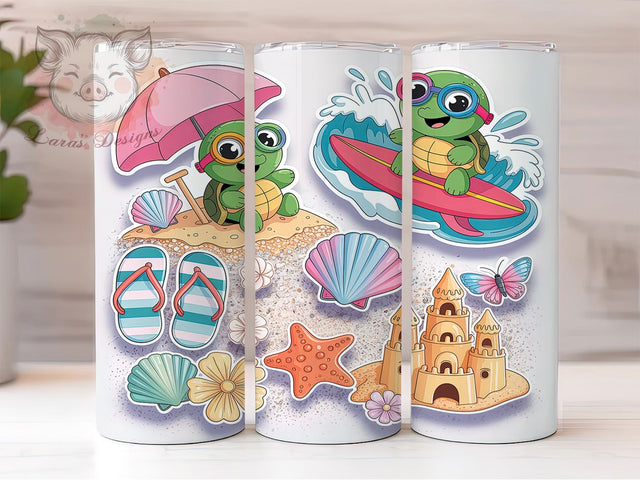 Beach Turtle Fun 20oz Tumbler, Beach Theme, Turtle Motif, Ocean Charm, Summer Vibes, Whimsical Style, Skinny Tumbler, Sublimation PNG Sublimation Lara' s Designs 