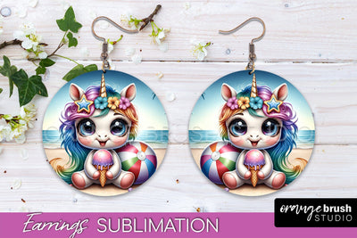 Beach Unicorn Earrings PNG - Round Earrings Sublimation Sublimation OrangeBrushStudio 