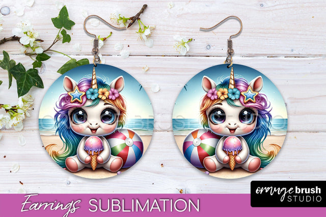Beach Unicorn Earrings PNG - Round Earrings Sublimation Sublimation OrangeBrushStudio 