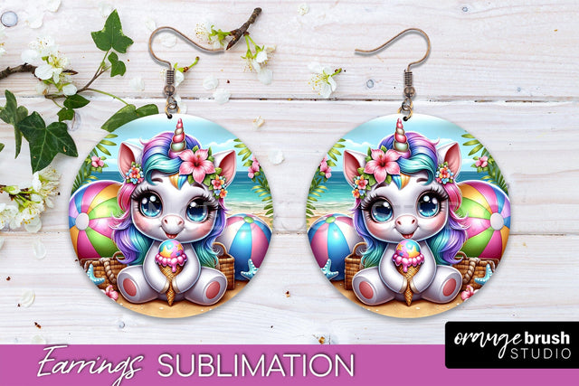 Beach Unicorn Earrings PNG - Round Earrings Sublimation Sublimation OrangeBrushStudio 