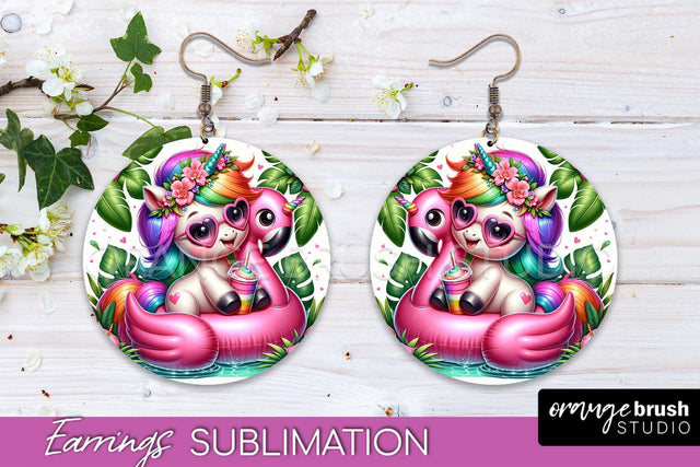 Beach Unicorn Earrings PNG - Round Earrings Sublimation Sublimation OrangeBrushStudio 