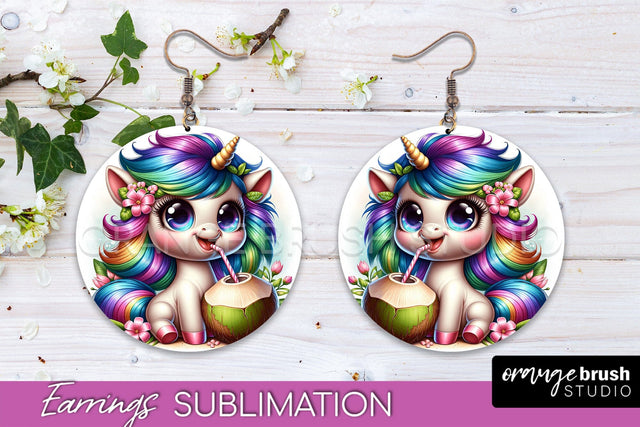 Beach Unicorn Earrings PNG - Round Earrings Sublimation Sublimation OrangeBrushStudio 