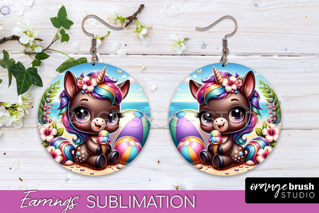 Beach Unicorn Earrings PNG - Round Earrings Sublimation Sublimation OrangeBrushStudio 