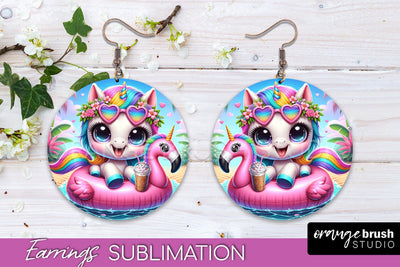 Beach Unicorn Earrings PNG - Round Earrings Sublimation Sublimation OrangeBrushStudio 