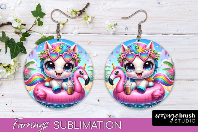 Beach Unicorn Earrings PNG - Round Earrings Sublimation Sublimation OrangeBrushStudio 