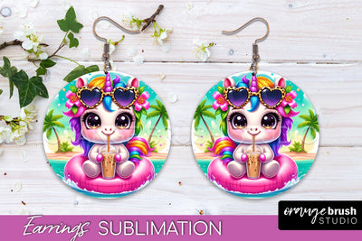 Beach Unicorn Earrings PNG - Round Earrings Sublimation Sublimation OrangeBrushStudio 
