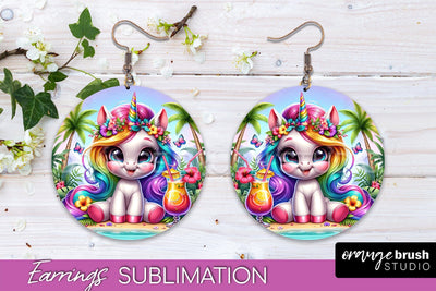 Beach Unicorn Earrings PNG - Round Earrings Sublimation Sublimation OrangeBrushStudio 