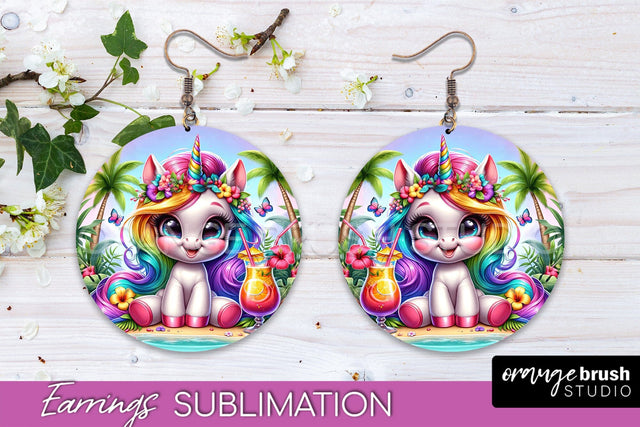 Beach Unicorn Earrings PNG - Round Earrings Sublimation Sublimation OrangeBrushStudio 