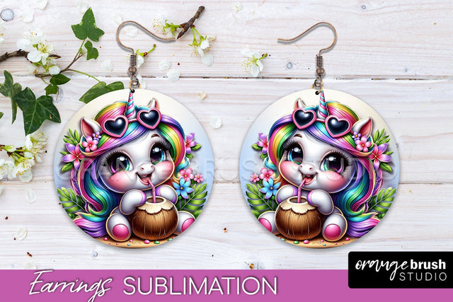 Beach Unicorn Earrings PNG - Round Earrings Sublimation Sublimation OrangeBrushStudio 