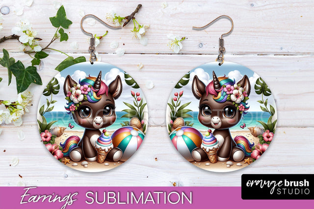 Beach Unicorn Earrings PNG - Round Earrings Sublimation Sublimation OrangeBrushStudio 