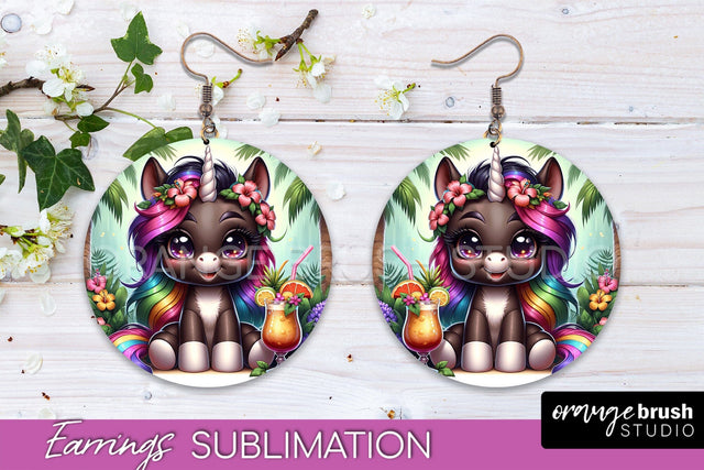 Beach Unicorn Earrings PNG - Round Earrings Sublimation Sublimation OrangeBrushStudio 