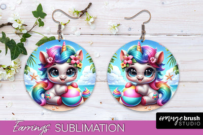 Beach Unicorn Earrings PNG - Round Earrings Sublimation Sublimation OrangeBrushStudio 