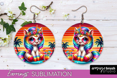 Beach Unicorn Earrings PNG - Round Earrings Sublimation Sublimation OrangeBrushStudio 