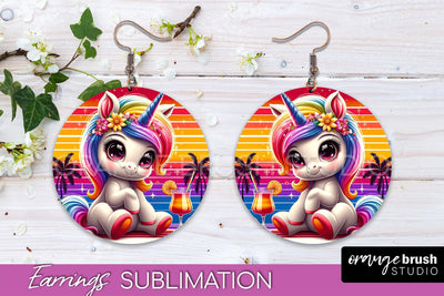 Beach Unicorn Earrings PNG - Round Earrings Sublimation Sublimation OrangeBrushStudio 