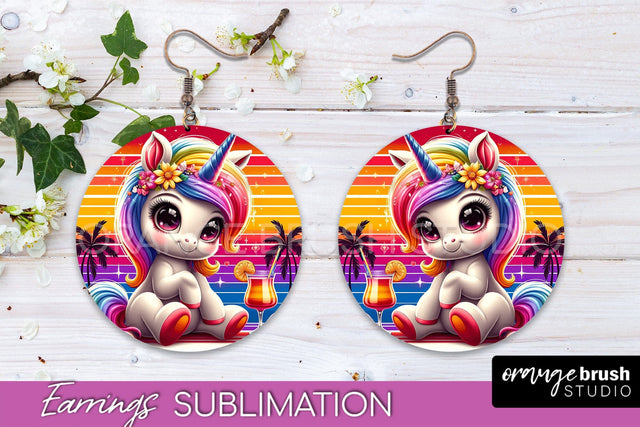 Beach Unicorn Earrings PNG - Round Earrings Sublimation Sublimation OrangeBrushStudio 