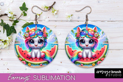 Beach Unicorn Earrings PNG - Round Earrings Sublimation Sublimation OrangeBrushStudio 