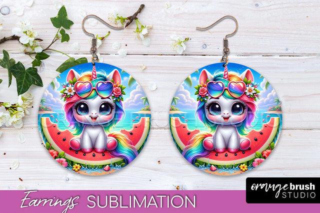 Beach Unicorn Earrings PNG - Round Earrings Sublimation Sublimation OrangeBrushStudio 